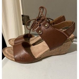 Born Boc Wedge Sandals Women's 9M Brown Tan Comfort Strappy Tie Slingback